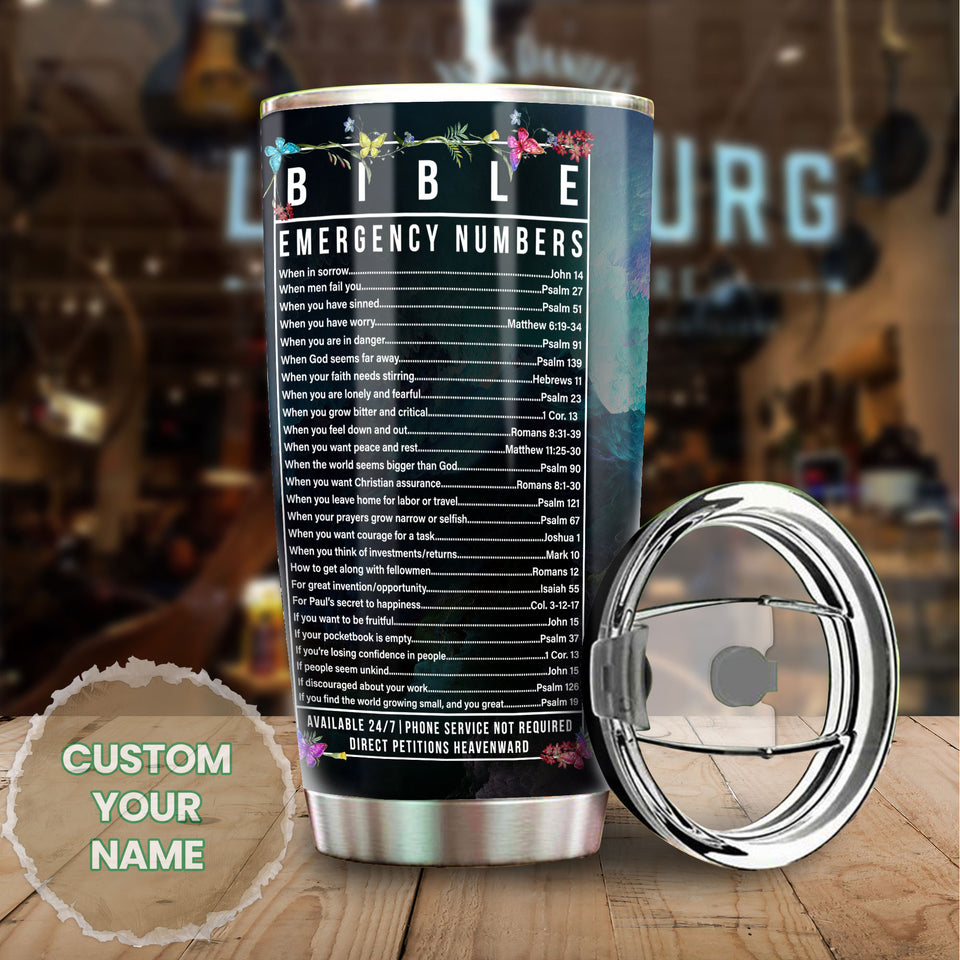 Camellia Personalized Butterfly Faith Cross Bible Emergency Numbers Stainless Steel Tumbler - Double-Walled Insulation Vacumm Flask - For Thanksgiving, Memorial Day, Christians, Christmas Gift