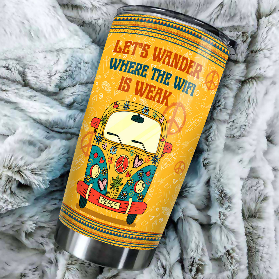 Camellia Personalized Hippie Van Let's Wander Where The Wifi Is Weak Stainless Steel Tumbler- Sweat-Proof Double Wall Travel Cup With Lid