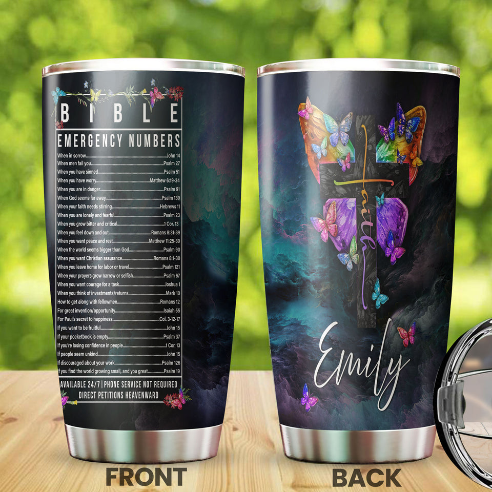 Camellia Personalized Butterfly Faith Cross Bible Emergency Numbers Stainless Steel Tumbler - Double-Walled Insulation Vacumm Flask - For Thanksgiving, Memorial Day, Christians, Christmas Gift