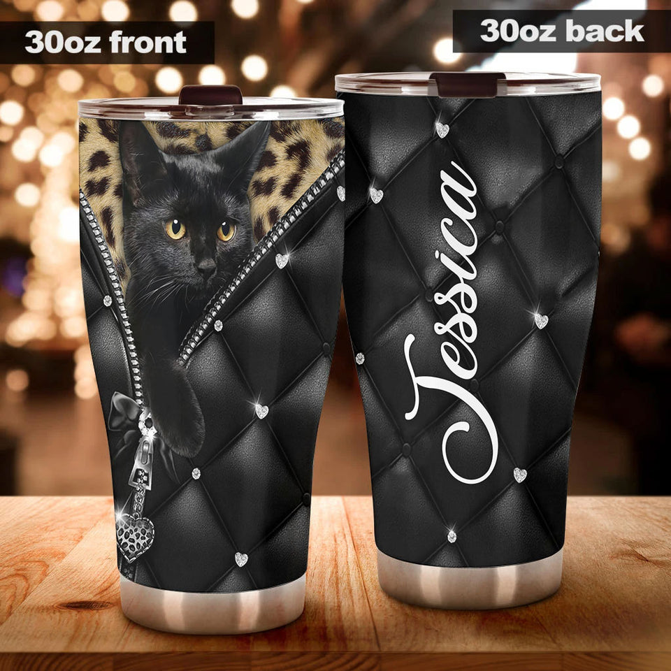 Camellia Personalized Black Cat Leather Style  Stainless Steel Tumbler-Sweat-Proof Gift For Cat Lover Mom Cat