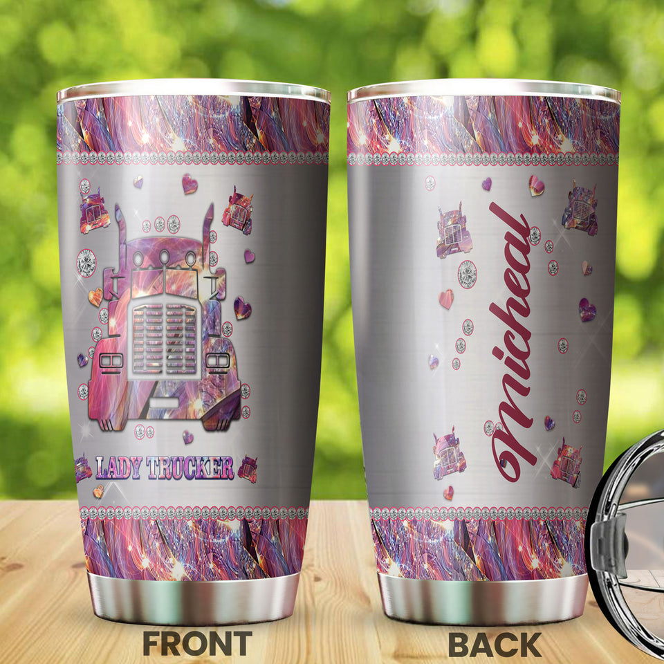 Camellia Personalized Lady Trucker Pink Stainless Steel Tumbler-Double-Walled Insulation Travel Cup With Lid Gift For Lady