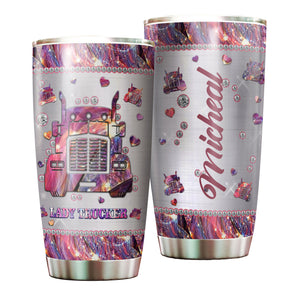 Camellia Personalized Lady Trucker Pink Stainless Steel Tumbler-Double-Walled Insulation Travel Cup With Lid Gift For Lady