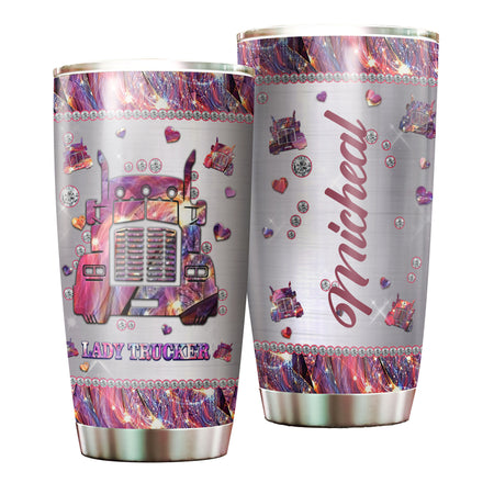 Camellia Personalized Lady Trucker Pink Stainless Steel Tumbler-Double-Walled Insulation Travel Cup With Lid Gift For Lady