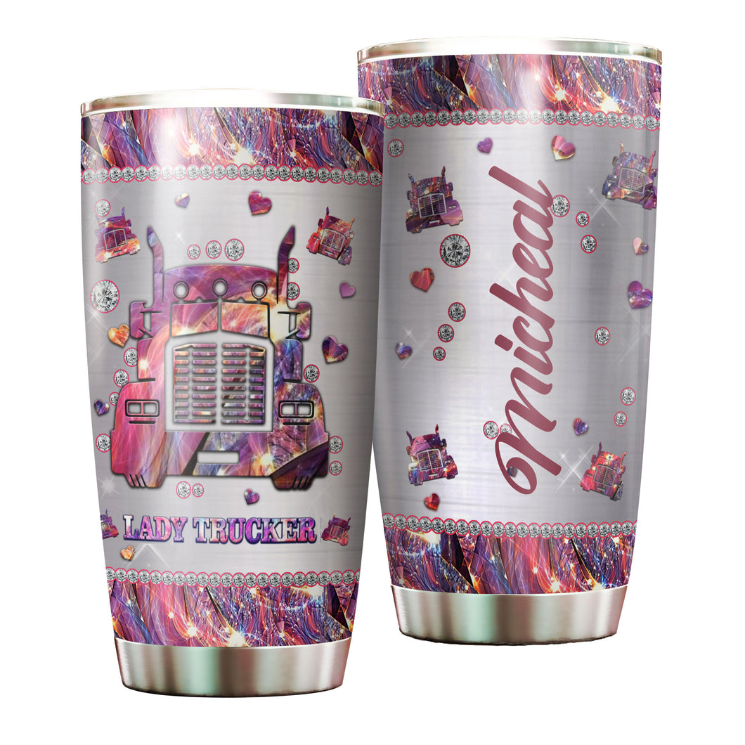 Camellia Personalized Lady Trucker Pink Stainless Steel Tumbler-Double-Walled Insulation Travel Cup With Lid Gift For Lady