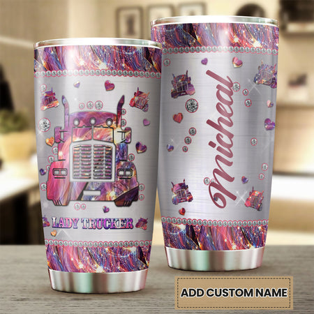Camellia Personalized Lady Trucker Pink Stainless Steel Tumbler-Double-Walled Insulation Travel Cup With Lid Gift For Lady