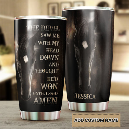 Camellia Personalized Horse The Devil Saw Me With My Head Down Stainless Steel Tumbler - Double-Walled Insulation Vacumm Flask - Gift For Horse Lovers, Cowgirls, Cowboys, Perfect Christmas Gift