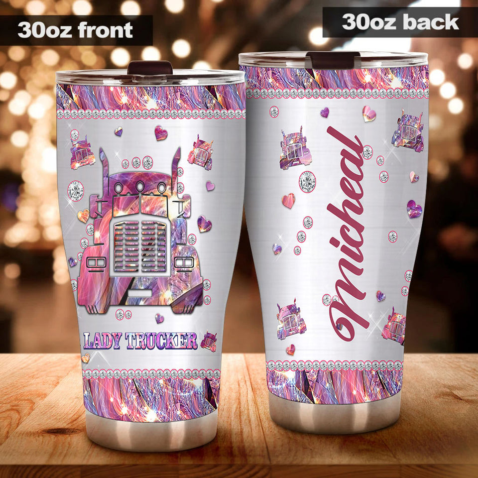 Camellia Personalized Lady Trucker Pink Stainless Steel Tumbler-Double-Walled Insulation Travel Cup With Lid Gift For Lady