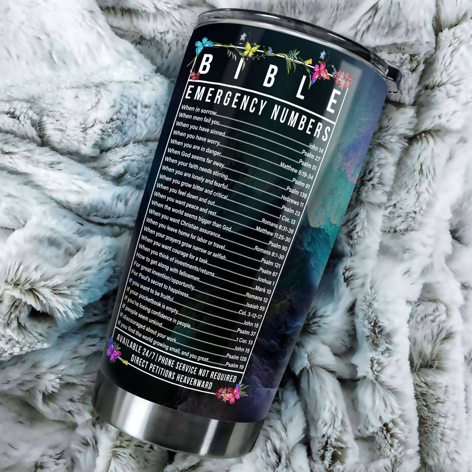 Camellia Personalized Butterfly Faith Cross Bible Emergency Numbers Stainless Steel Tumbler - Double-Walled Insulation Vacumm Flask - For Thanksgiving, Memorial Day, Christians, Christmas Gift