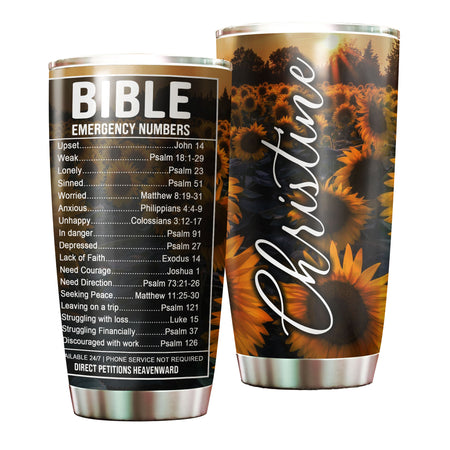Camellia Personalized Sunflowers Bible Emergency Numbers Stainless Steel Tumbler - Customized Double-Walled Insulation Travel Thermal Cup With Lid