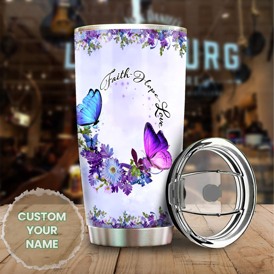 Camellia Personalized Butterfly Faith Flowers Stainless Steel Tumbler - Double-Walled Insulation Vacumm Flask - For Thanksgiving, Memorial Day, Christians, Christmas Gift