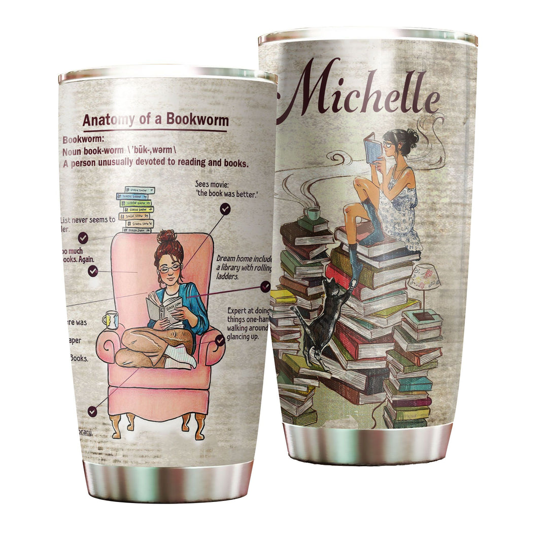 Camellia Personalized  Anatomy  Of A Bookworm Stainless Steel Tumbler - Double-Walled Insulation Vacumm Flask - Gift For Book Lovers, Nerd, International Book Day
