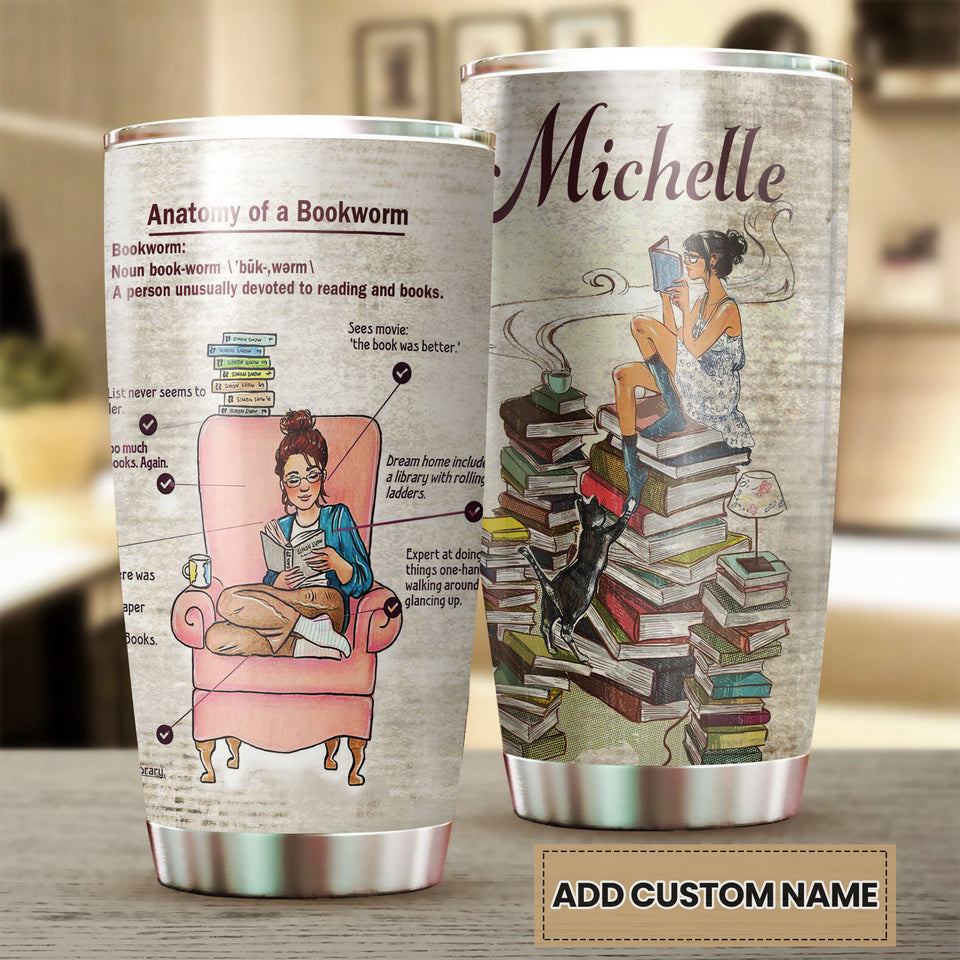 Camellia Personalized  Anatomy  Of A Bookworm Stainless Steel Tumbler - Double-Walled Insulation Vacumm Flask - Gift For Book Lovers, Nerd, International Book Day