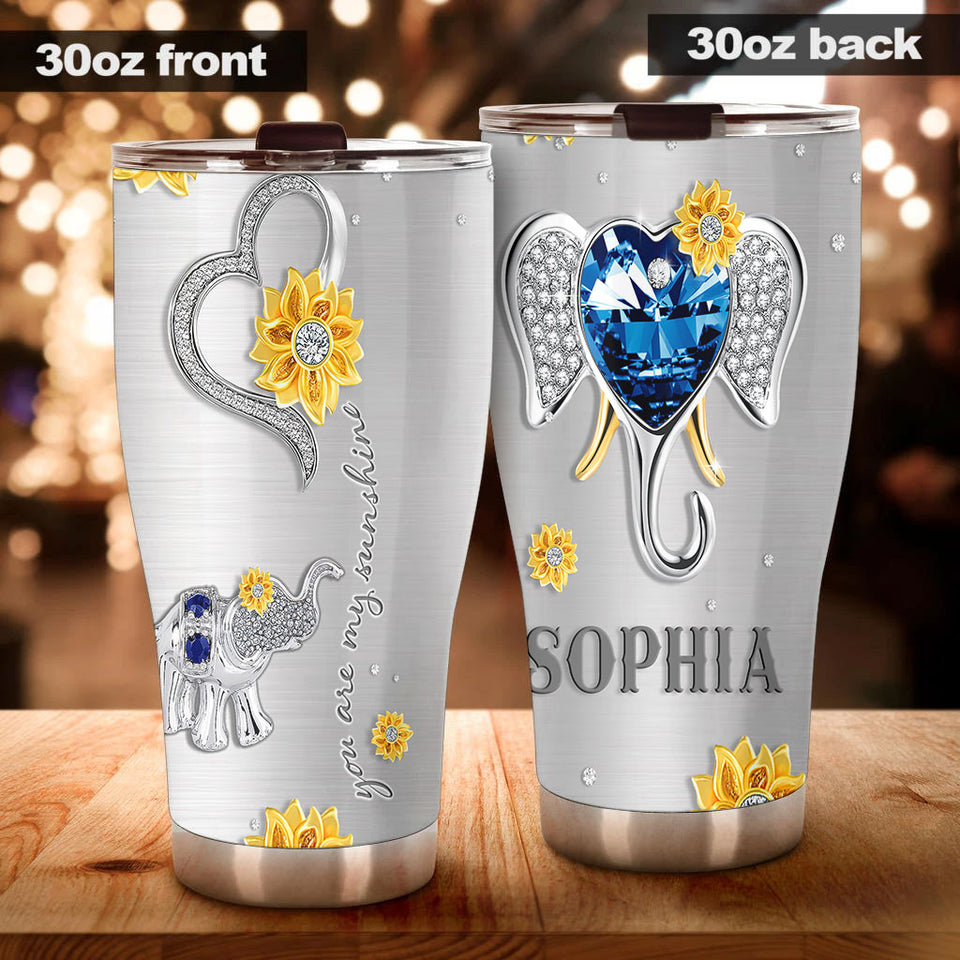 Camellia Personalized You Are My Sunshine Elephant Diamond Style Stainless Steel Tumbler-Wall Insulated Cup With Lid Travel Mug  01