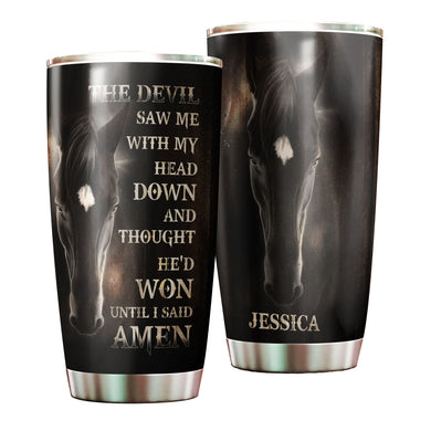 Camellia Personalized Horse The Devil Saw Me With My Head Down Stainless Steel Tumbler - Double-Walled Insulation Vacumm Flask - Gift For Horse Lovers, Cowgirls, Cowboys, Perfect Christmas Gift
