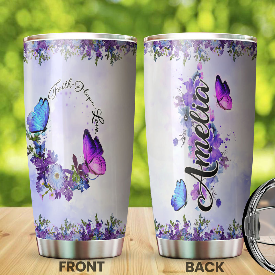 Camellia Personalized Butterfly Faith Flowers Stainless Steel Tumbler - Double-Walled Insulation Vacumm Flask - For Thanksgiving, Memorial Day, Christians, Christmas Gift