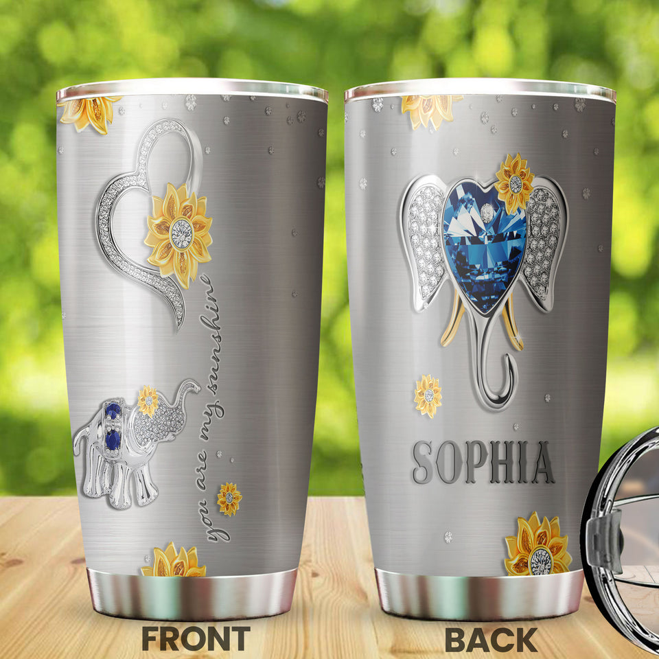 Camellia Personalized You Are My Sunshine Elephant Diamond Style Stainless Steel Tumbler-Wall Insulated Cup With Lid Travel Mug  01