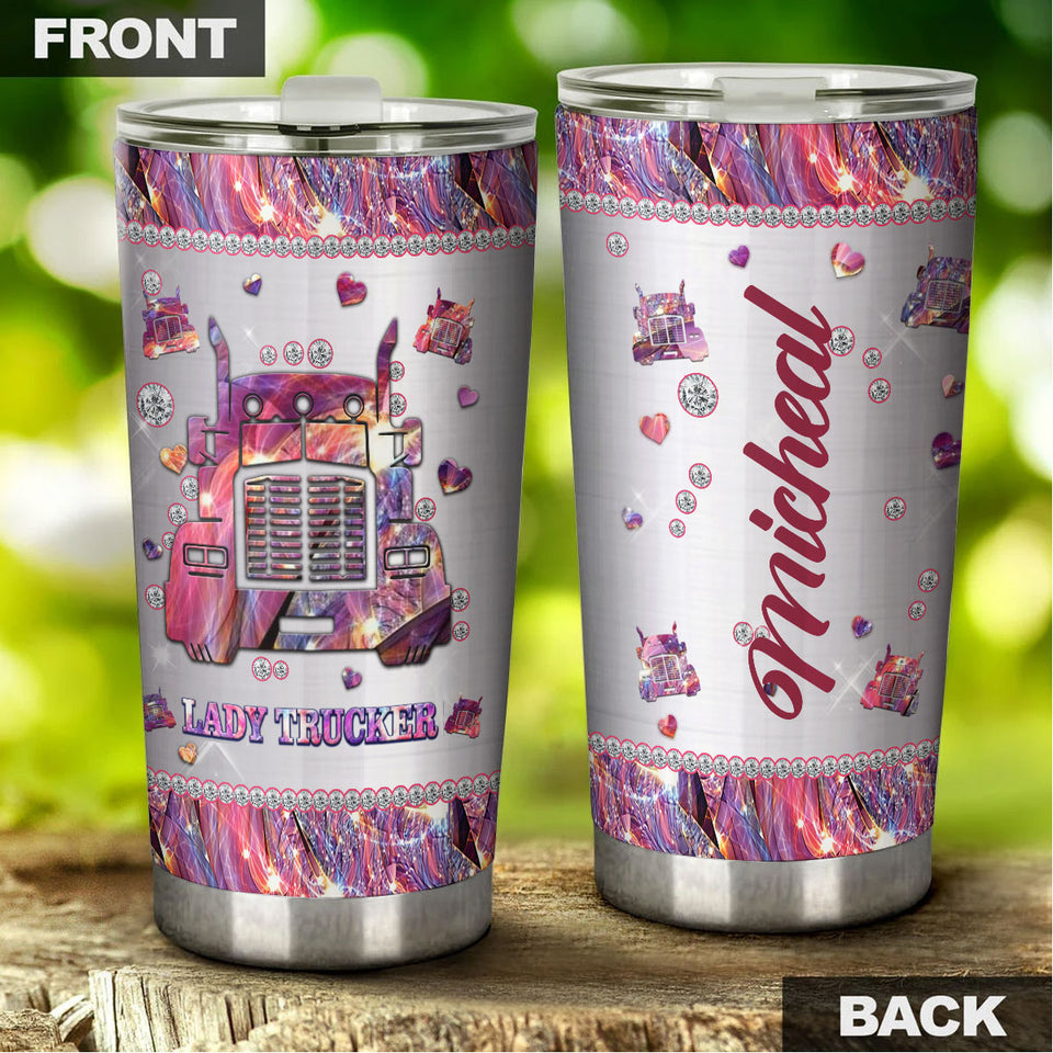 Camellia Personalized Lady Trucker Pink Stainless Steel Tumbler-Double-Walled Insulation Travel Cup With Lid Gift For Lady
