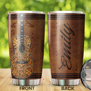 Camellia Personalized Guitar Leather Style Stainless Steel Tumbler - Customized Double-Walled Insulation Travel Thermal Cup With Lid Gift For Guitarist