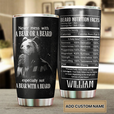 Camellia Persionalized 3D Never Mess With A Bear Or A Beard Stainless Steel Tumbler - Customized Double - Walled Insulation Travel Thermal Cup With Lid