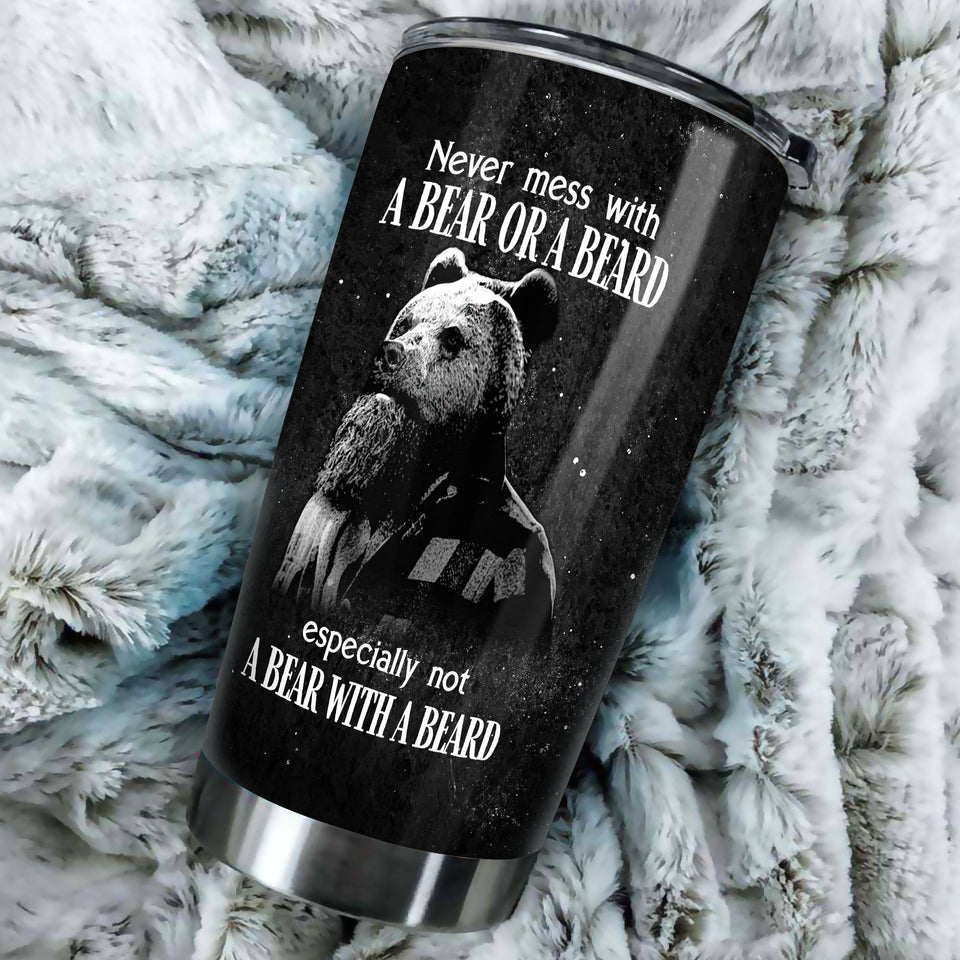 Camellia Persionalized 3D Never Mess With A Bear Or A Beard Stainless Steel Tumbler - Customized Double - Walled Insulation Travel Thermal Cup With Lid