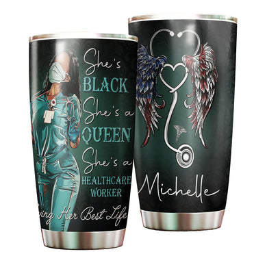 Camellia Personalized Black Nurse American Wings Stainless Steel Tumbler - Double-Walled Insulation Vacumm Flask - Gift For Black Queen, International Women's Day, Hippie Girls, Nurse's Day