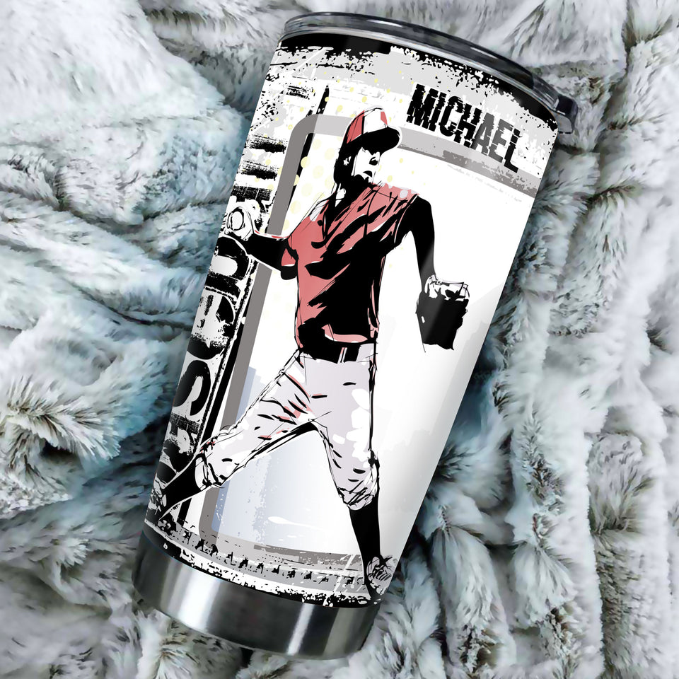 Camellia Persionalized 3D Baseball Hand Crip Stainless Steel Tumbler - Customized Double - Walled Insulation Thermal Travel Cup With Lid Gift For Baseball Player