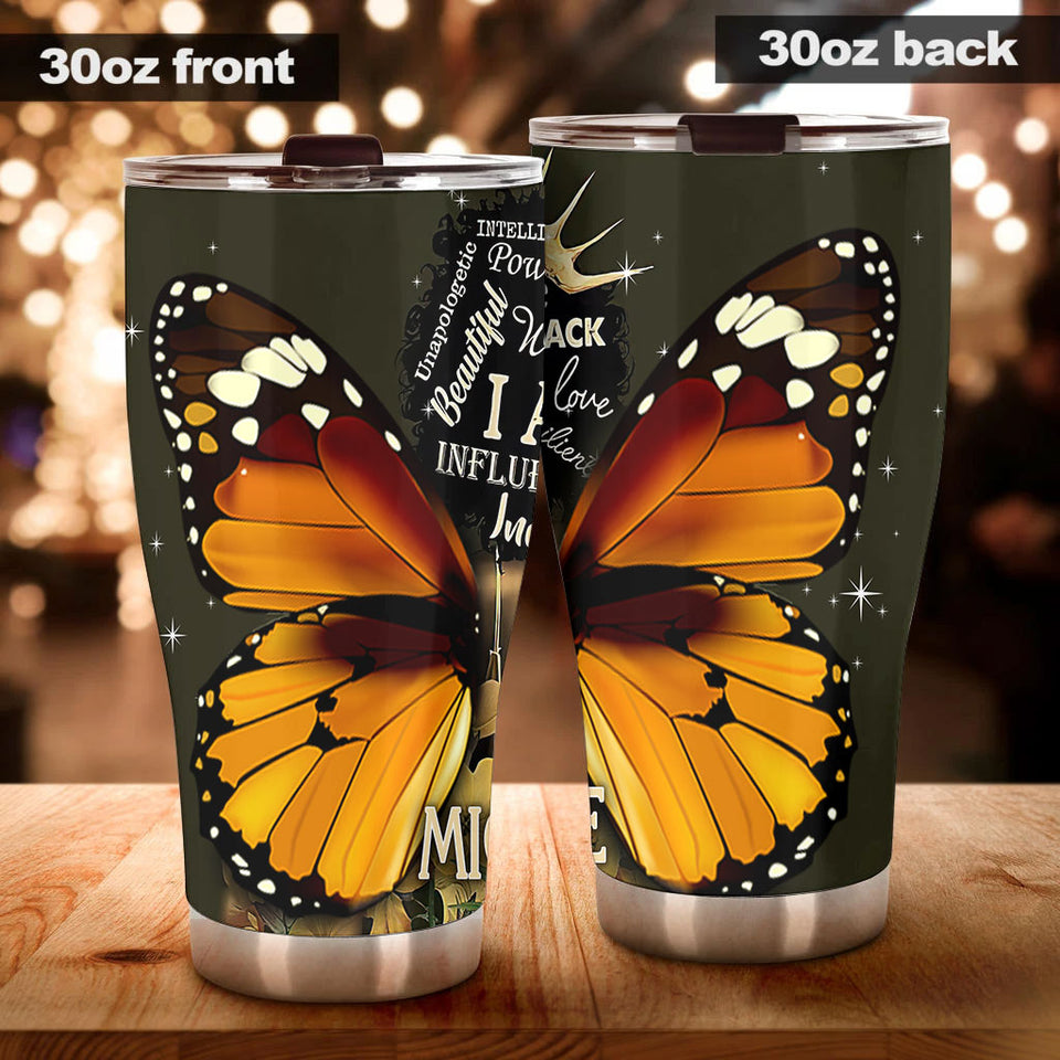 Camellia Personalized Black Women Butterfly Wings Stainless Steel Tumbler - Double-Walled Insulation Vacumm Flask - Gift For Black Queen, International Women's Day, Hippie Girls
