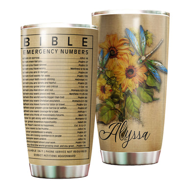 Camellia Personalized Sunflowers Bible Emergency Numbers Stainless Steel Tumbler - Customized Double-Walled Insulation Travel Thermal Cup With Lid Gift For Christian