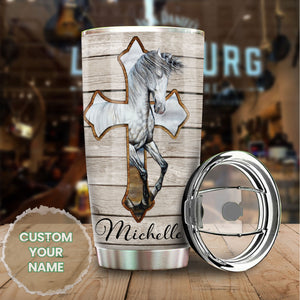 Camellia Personalized Horse Cross Stainless Steel Tumbler - Double-Walled Insulation Vacumm Flask - Gift For Horse Lovers, Cowgirls, Cowboys, Perfect Christmas, Thanksgiving Gift
