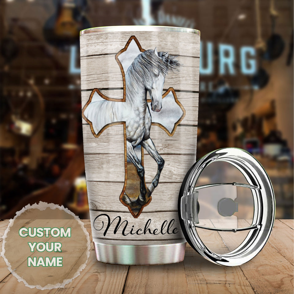 Camellia Personalized Horse Cross Stainless Steel Tumbler - Double-Walled Insulation Vacumm Flask - Gift For Horse Lovers, Cowgirls, Cowboys, Perfect Christmas, Thanksgiving Gift