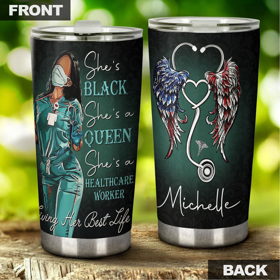 Camellia Personalized Black Nurse American Wings Stainless Steel Tumbler - Double-Walled Insulation Vacumm Flask - Gift For Black Queen, International Women's Day, Hippie Girls, Nurse's Day