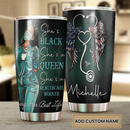 Camellia Personalized Black Nurse American Wings Stainless Steel Tumbler - Double-Walled Insulation Vacumm Flask - Gift For Black Queen, International Women's Day, Hippie Girls, Nurse's Day