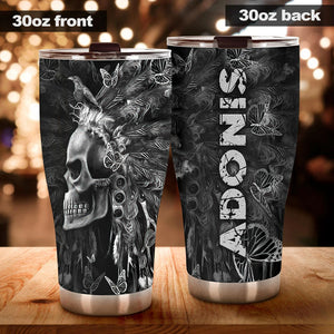 Camellia Personalized 3D Native American Gothic Skull Stainless Steel Tumbler - Customized Double-Walled Insulation Travel Thermal Cup With Lid