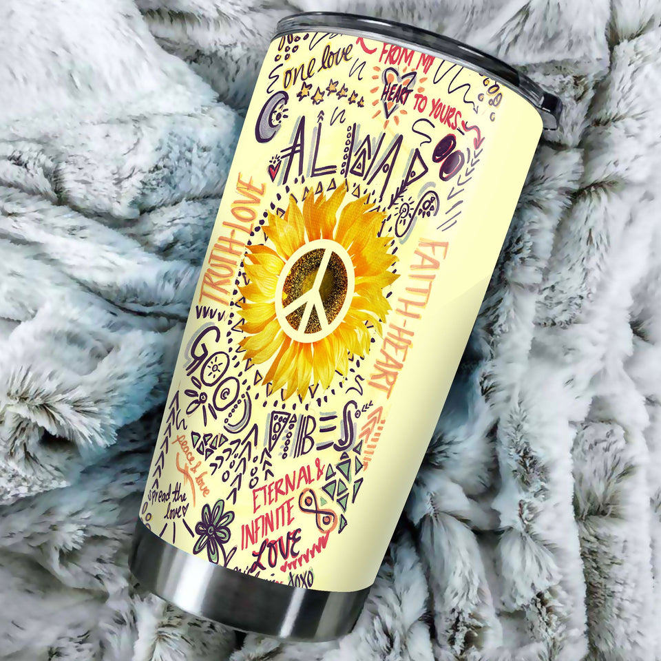 Camellia Personalized Always Good Vibes Doodle Hippie Style Stainless Steel Tumbler-Double-Walled Travel Therma Cup With Lid