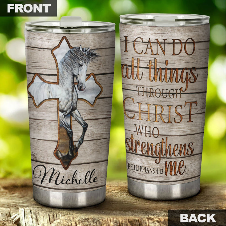 Camellia Personalized Horse Cross Stainless Steel Tumbler - Double-Walled Insulation Vacumm Flask - Gift For Horse Lovers, Cowgirls, Cowboys, Perfect Christmas, Thanksgiving Gift