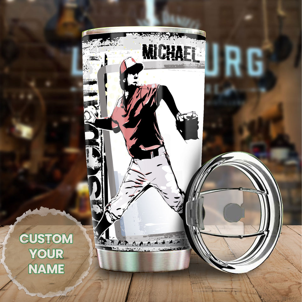 Camellia Persionalized 3D Baseball Hand Crip Stainless Steel Tumbler - Customized Double - Walled Insulation Thermal Travel Cup With Lid Gift For Baseball Player