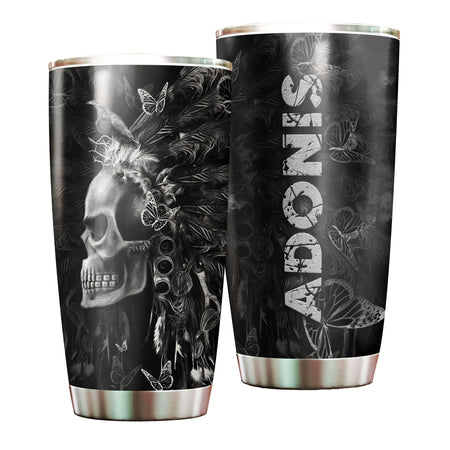 Camellia Personalized 3D Native American Gothic Skull Stainless Steel Tumbler - Customized Double-Walled Insulation Travel Thermal Cup With Lid