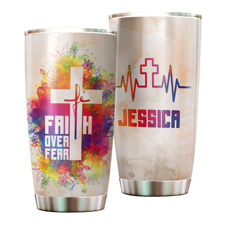 Camellia Personalized The Cross Faith Over Fear Stainless Steel Tumbler-Double-Walled Travel Therma Cup With Lid