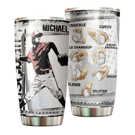 Camellia Persionalized 3D Baseball Hand Crip Stainless Steel Tumbler - Customized Double - Walled Insulation Thermal Travel Cup With Lid Gift For Baseball Player