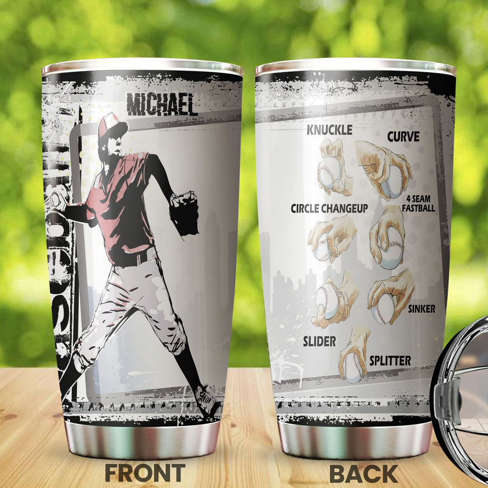 Camellia Persionalized 3D Baseball Hand Crip Stainless Steel Tumbler - Customized Double - Walled Insulation Thermal Travel Cup With Lid Gift For Baseball Player