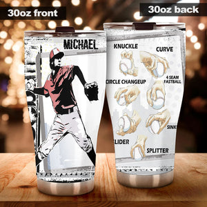 Camellia Persionalized 3D Baseball Hand Crip Stainless Steel Tumbler - Customized Double - Walled Insulation Thermal Travel Cup With Lid Gift For Baseball Player