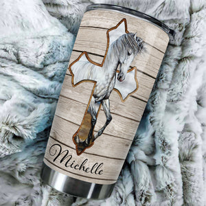 Camellia Personalized Horse Cross Stainless Steel Tumbler - Double-Walled Insulation Vacumm Flask - Gift For Horse Lovers, Cowgirls, Cowboys, Perfect Christmas, Thanksgiving Gift