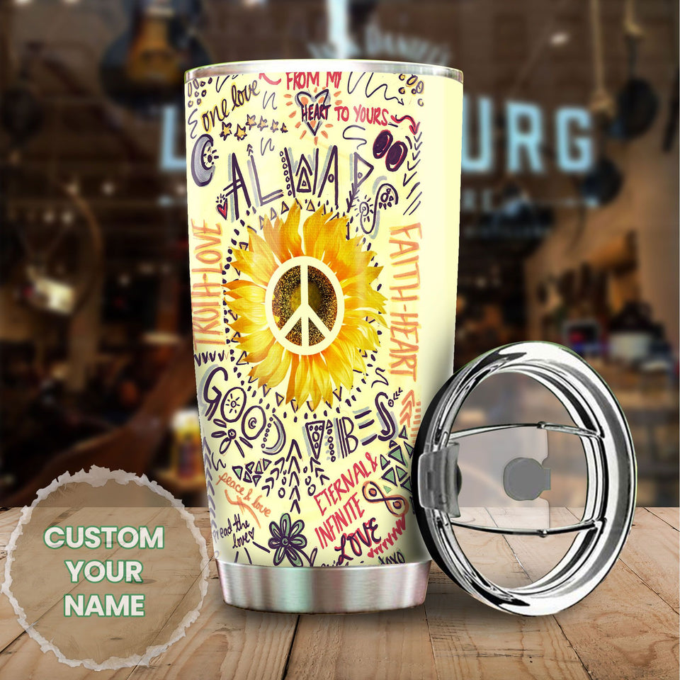 Camellia Personalized Always Good Vibes Doodle Hippie Style Stainless Steel Tumbler-Double-Walled Travel Therma Cup With Lid
