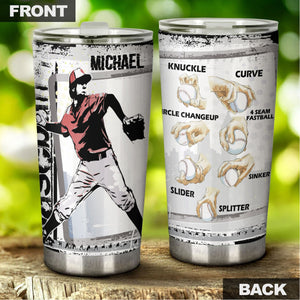 Camellia Persionalized 3D Baseball Hand Crip Stainless Steel Tumbler - Customized Double - Walled Insulation Thermal Travel Cup With Lid Gift For Baseball Player