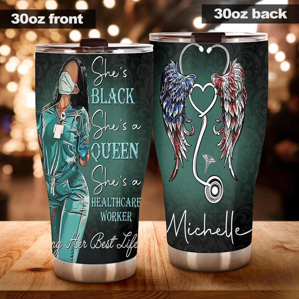 Camellia Personalized Black Nurse American Wings Stainless Steel Tumbler - Double-Walled Insulation Vacumm Flask - Gift For Black Queen, International Women's Day, Hippie Girls, Nurse's Day