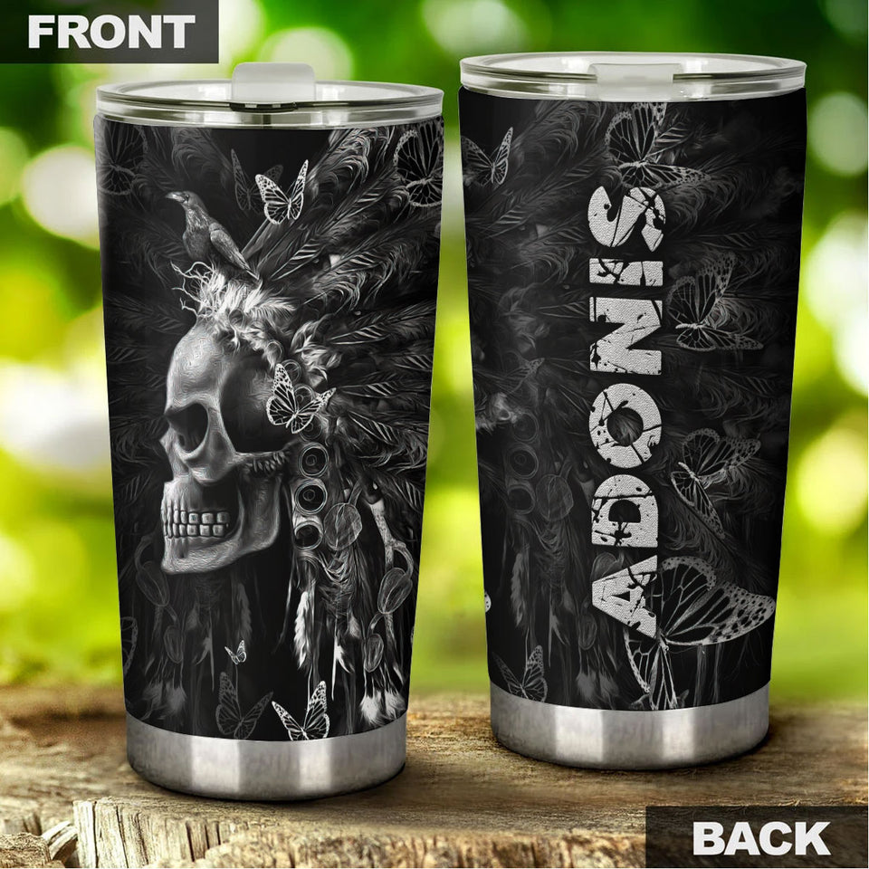 Camellia Personalized 3D Native American Gothic Skull Stainless Steel Tumbler - Customized Double-Walled Insulation Travel Thermal Cup With Lid