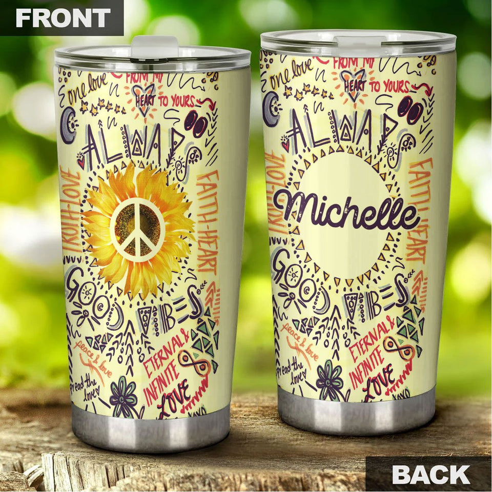 Camellia Personalized Always Good Vibes Doodle Hippie Style Stainless Steel Tumbler-Double-Walled Travel Therma Cup With Lid