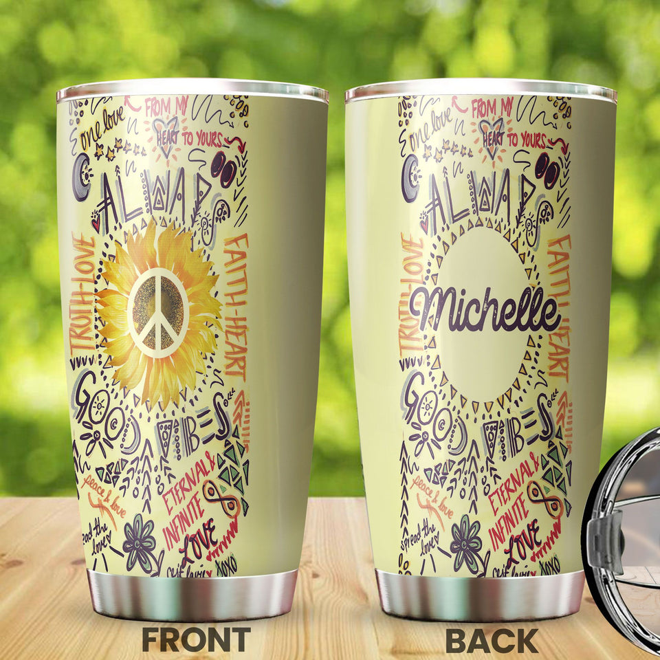 Camellia Personalized Always Good Vibes Doodle Hippie Style Stainless Steel Tumbler-Double-Walled Travel Therma Cup With Lid