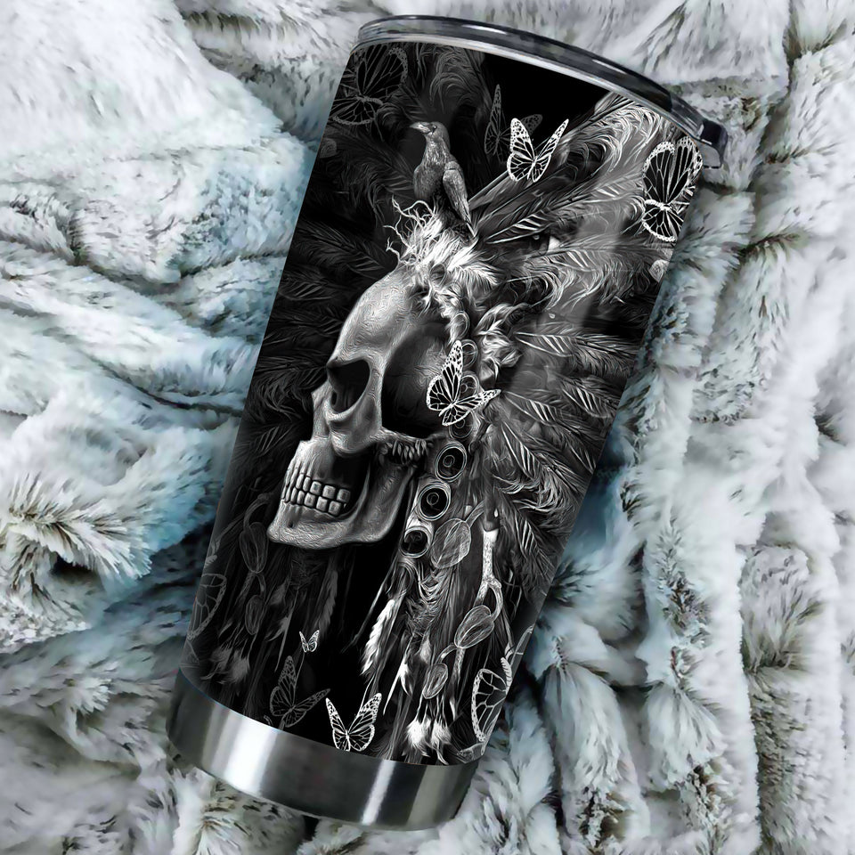 Camellia Personalized 3D Native American Gothic Skull Stainless Steel Tumbler - Customized Double-Walled Insulation Travel Thermal Cup With Lid