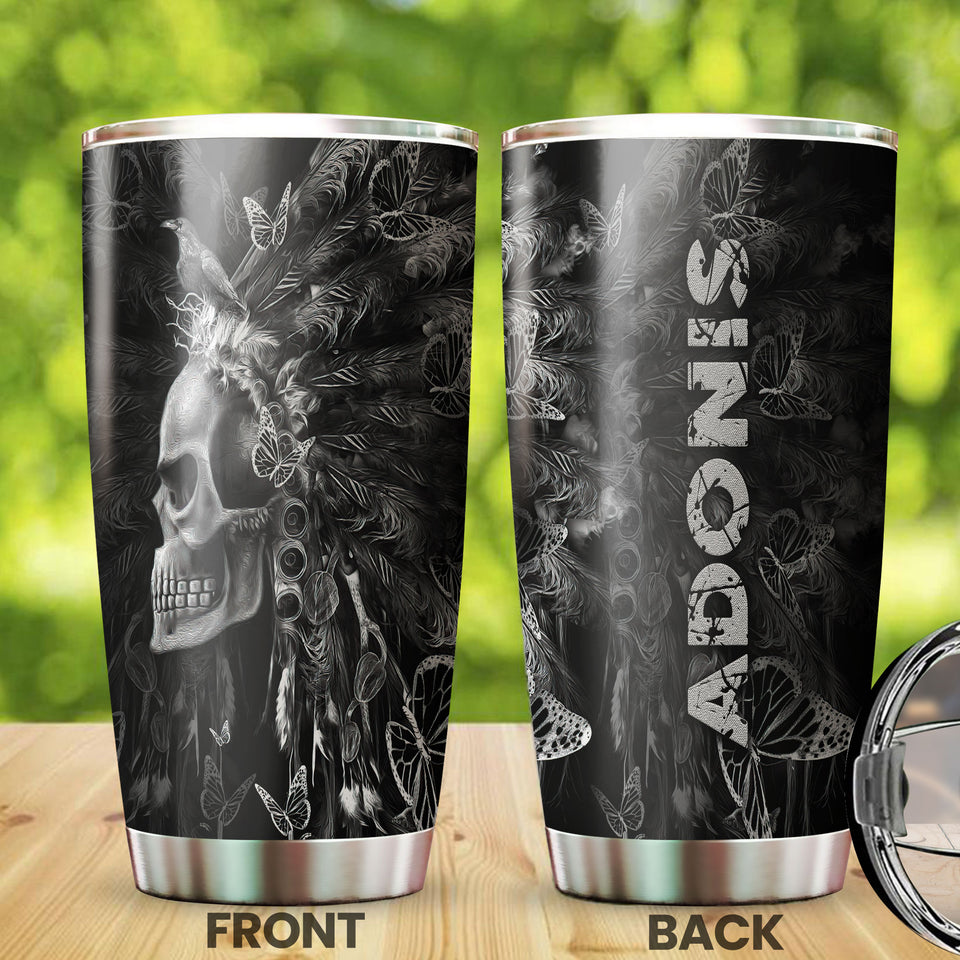 Camellia Personalized 3D Native American Gothic Skull Stainless Steel Tumbler - Customized Double-Walled Insulation Travel Thermal Cup With Lid